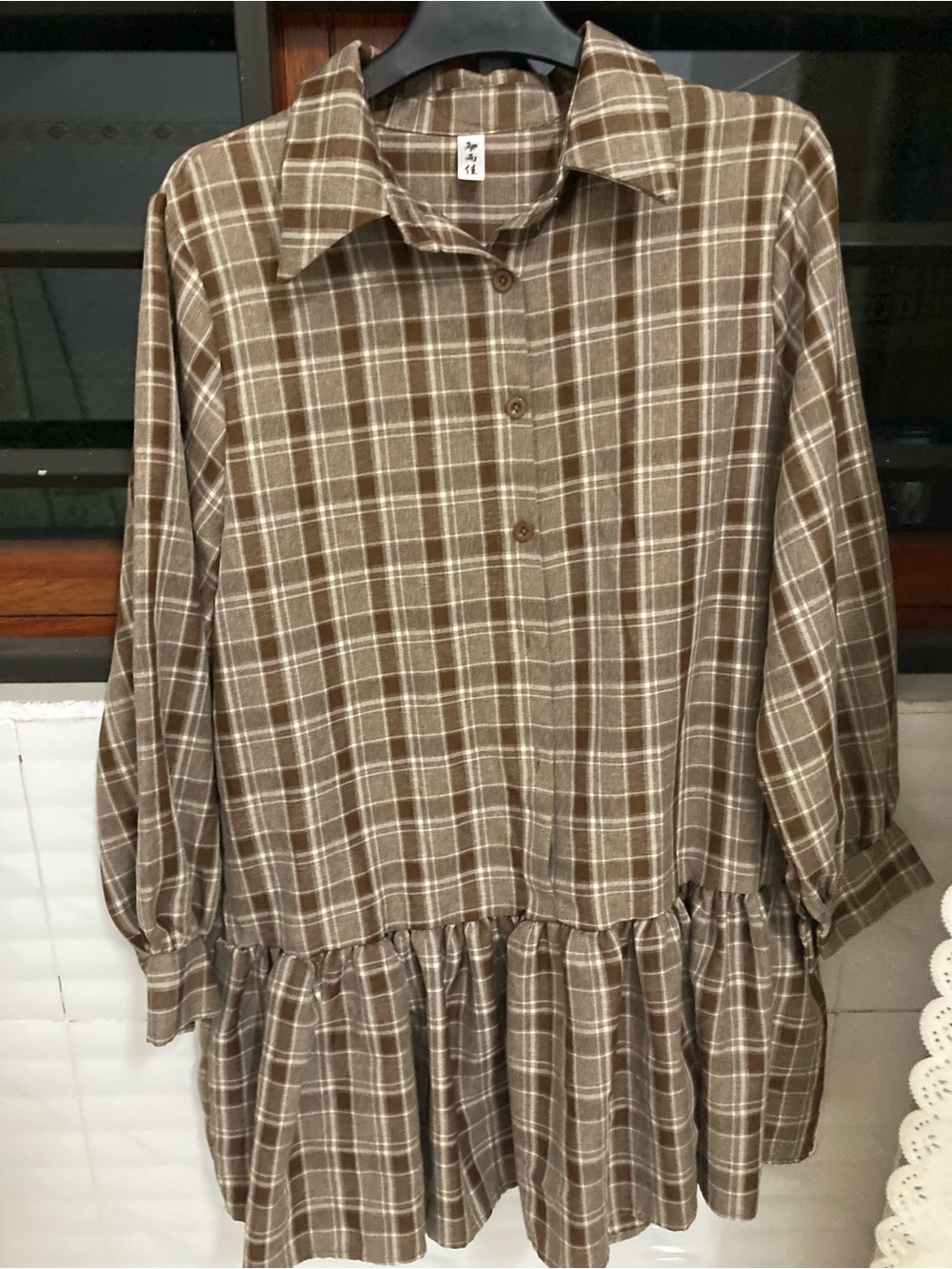 Brown Plaid Ruffle-Hem Long Sleeve Dress